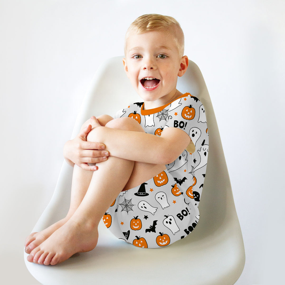 Halloween Boo & Pumpkin Glow In The Dark Two Piece Short Sleeve Shorts Pajama Set