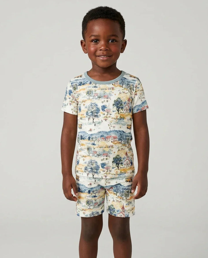 Whimsical Watercolor School Village Bamboo Two Piece Short Sleeve Shorts Pajama Set