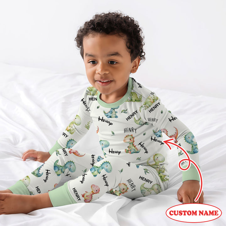 Dinosaur Custom Name Two Piece Long Sleeve Pajama Set