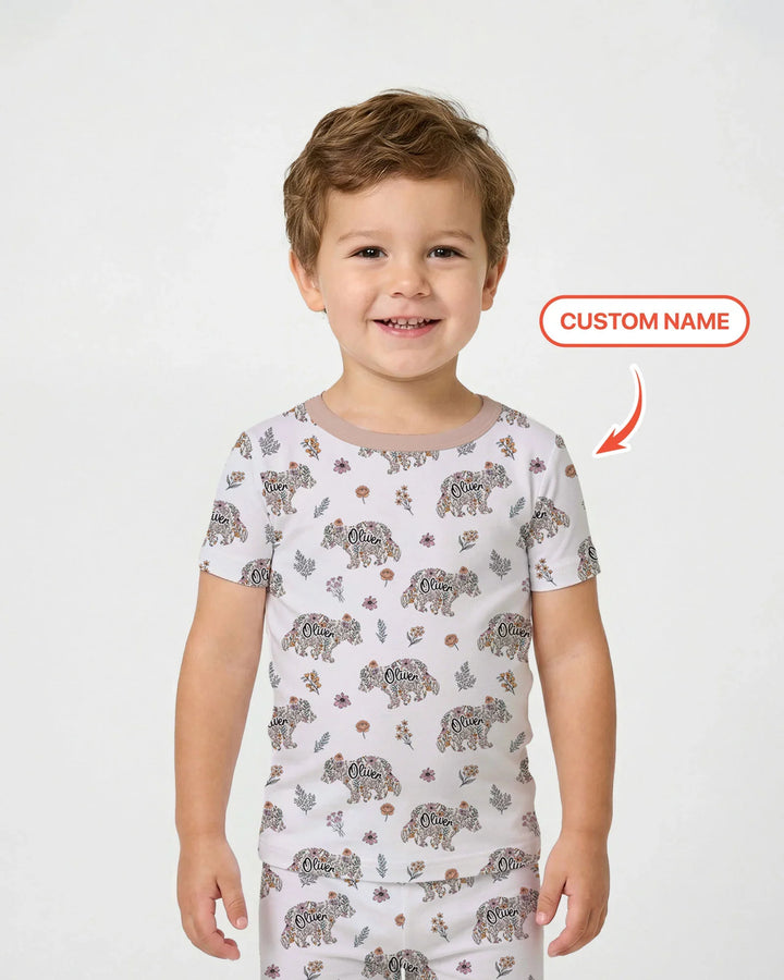 Custom Name Floral Bear Family Matching Bamboo Two Piece Short Sleeve Pajama Set
