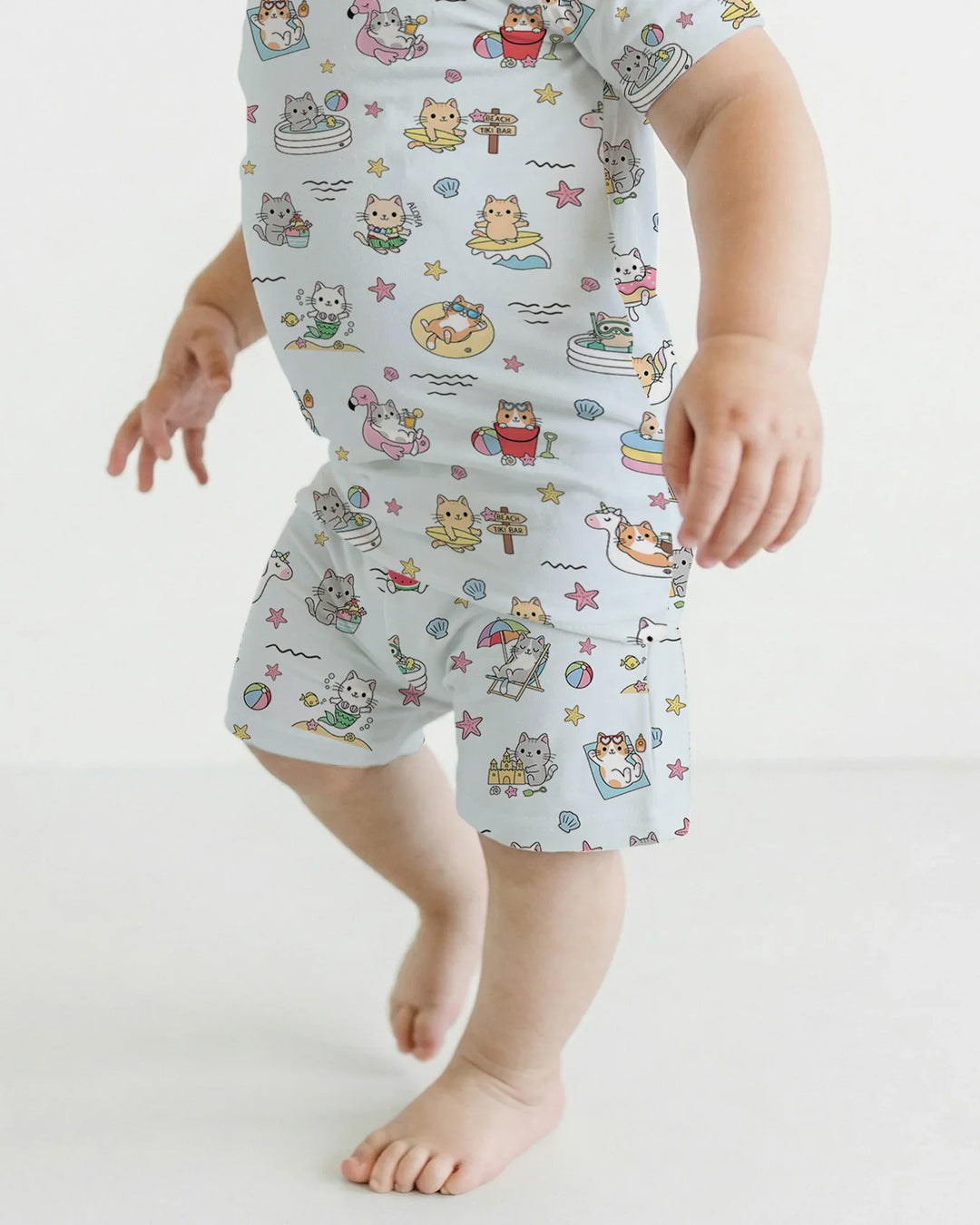 Kawaii Cats Summer Vacation Bamboo Two Piece Short Sleeve Shorts Pajama Set