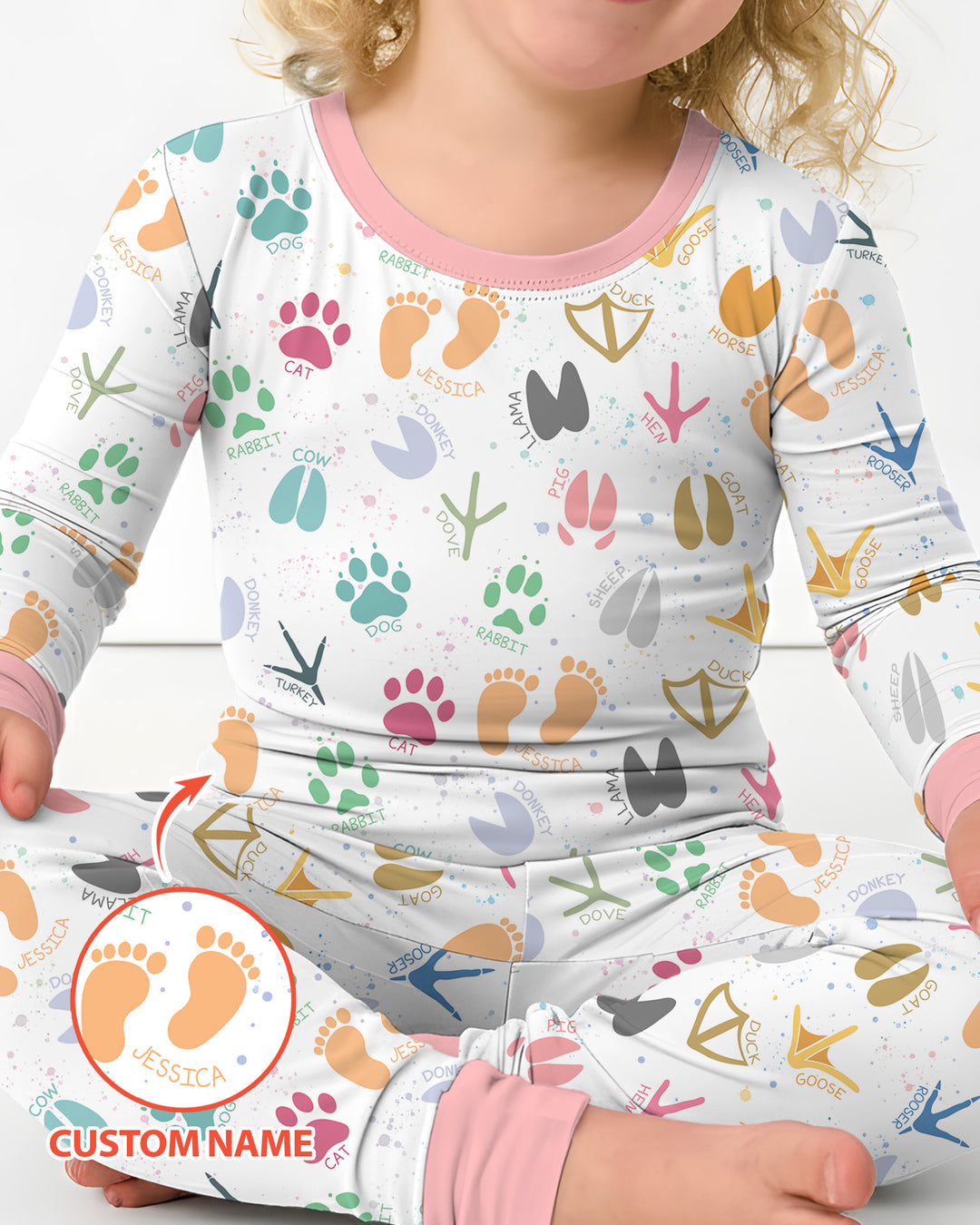 Cute Farm Animal Tracks Custom Name Bamboo Two Piece Long Sleeve Pajama Set