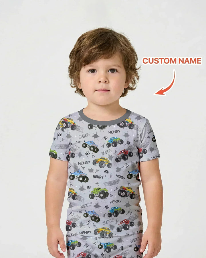 Monster Truck Dirt Jam Custom Name Daddy & Me Matching Two Piece Short Sleeve Shorts Pajama Set