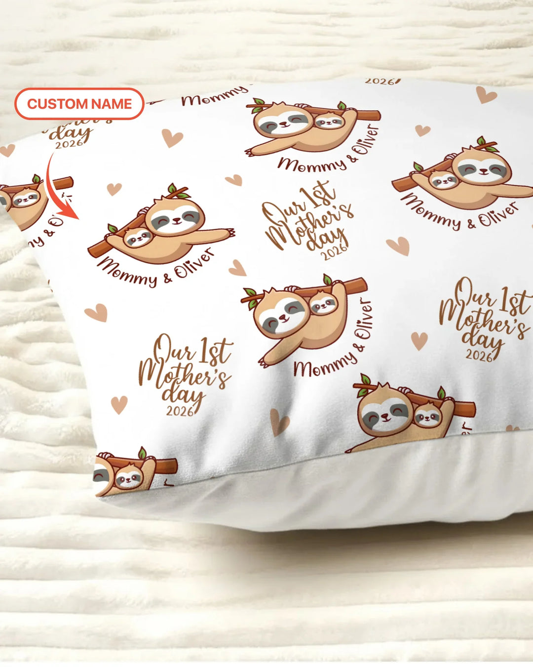 Custom Name Mama & Baby Sloth – Our First Mother’s Day 2026 Bamboo Pillow Case