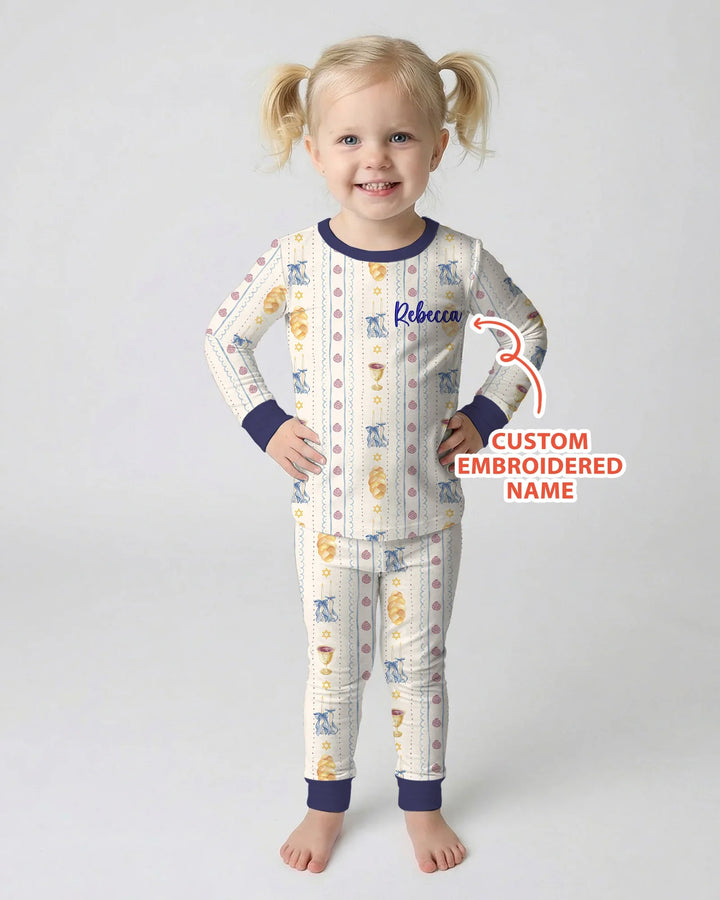 Custom Embroidered Name Shabbat Matching With Mom Bamboo Two Piece Long Sleeve Pajama Set