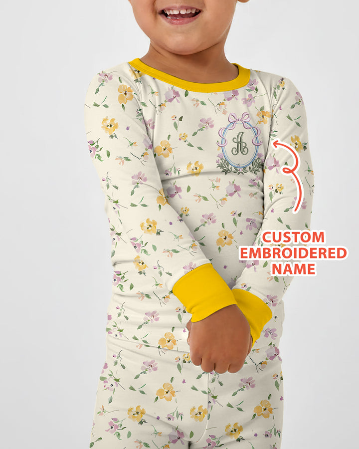 Custom Embroidered Name Floral Bamboo Two Piece Long Sleeve Pajama Set