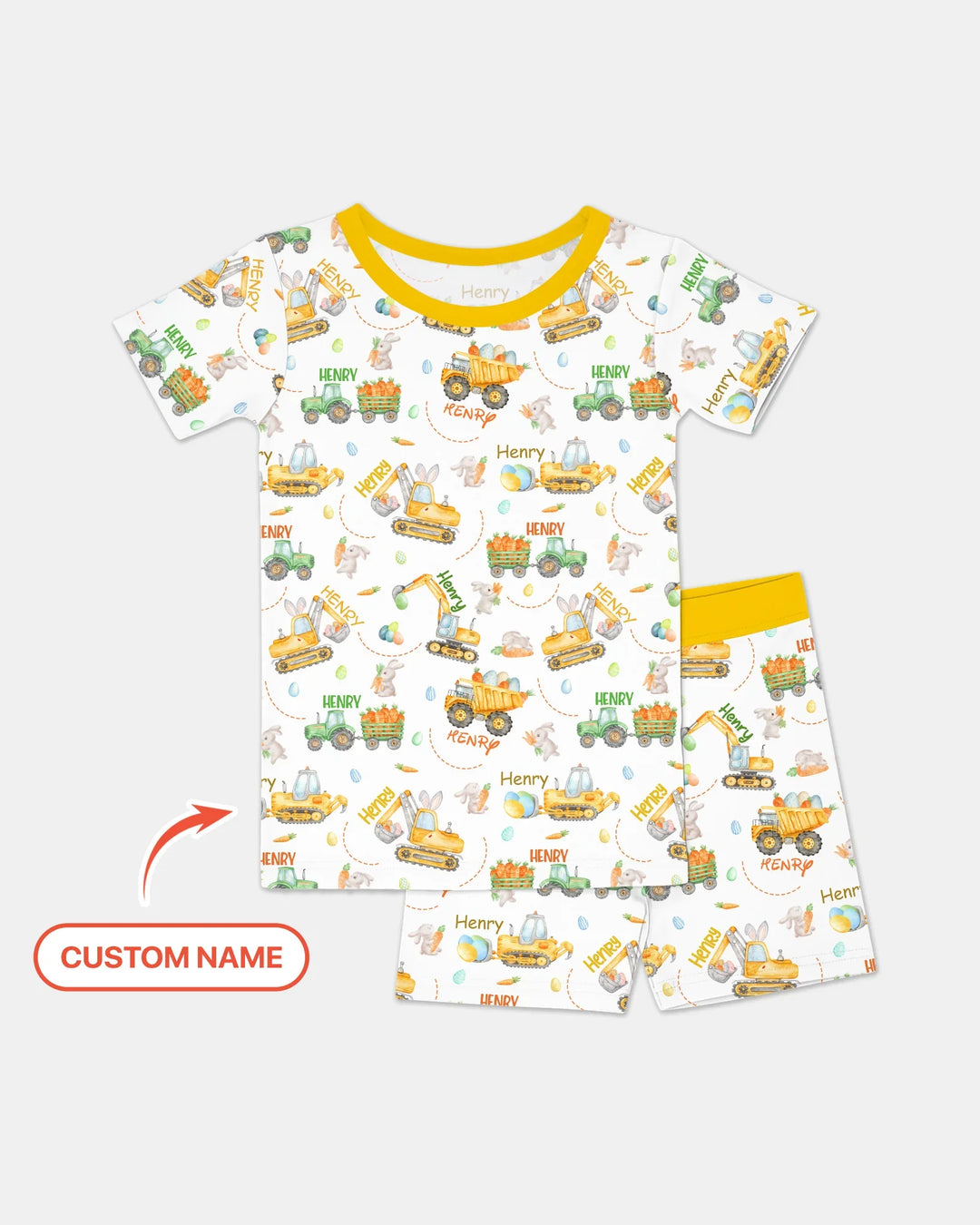 Easter Construction Vehicles Custom Name Two Piece Short Sleeve Shorts Pajama Set