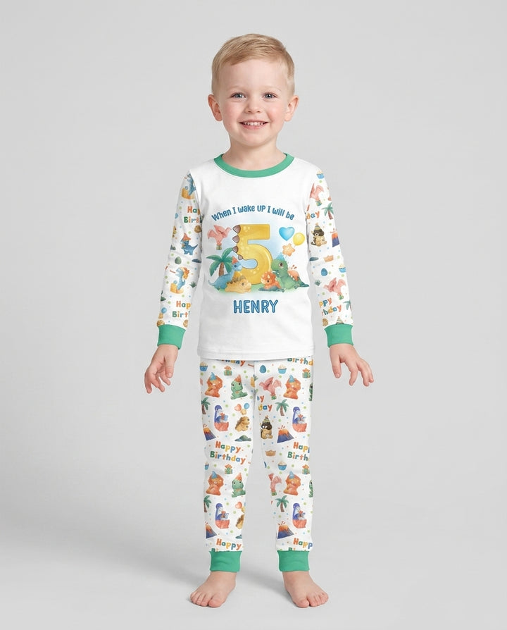 Custom Name When I Wake Up Birthday Dino Bamboo Two Piece Long Sleeve Pajama Set