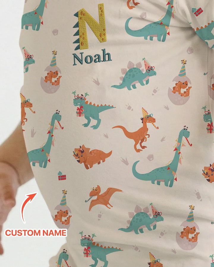 Conjunto de pijama de dos piezas de bambú con dinosaurios bordados, de manga corta y pantalones cortos