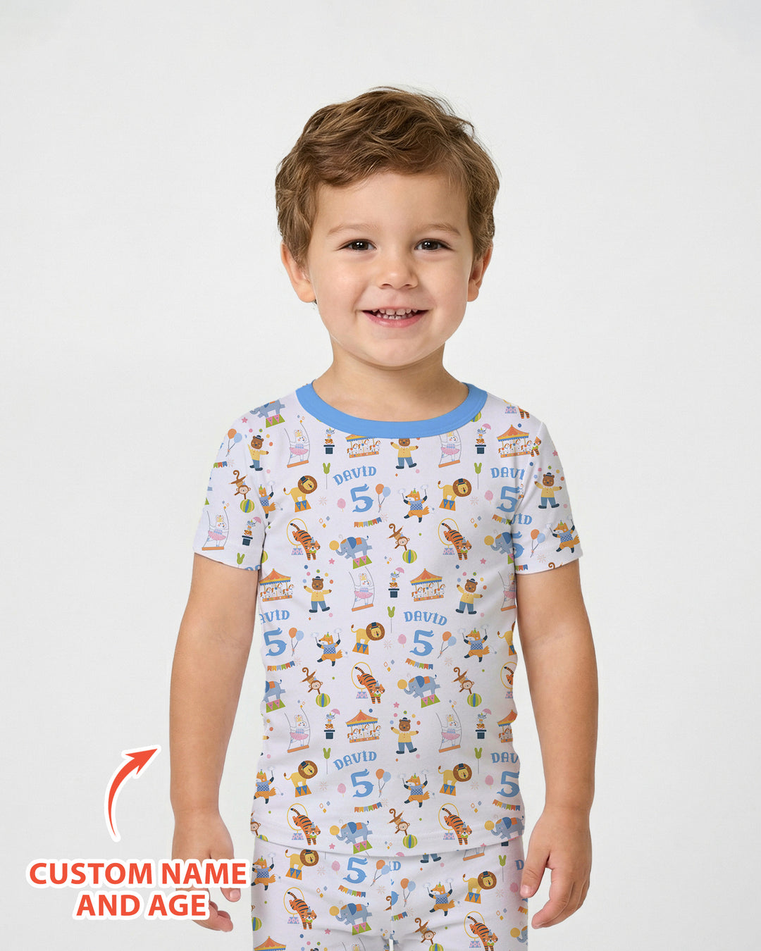 Custom Name Birthday Circus Bamboo Two Piece Short Sleeve Pajama Set