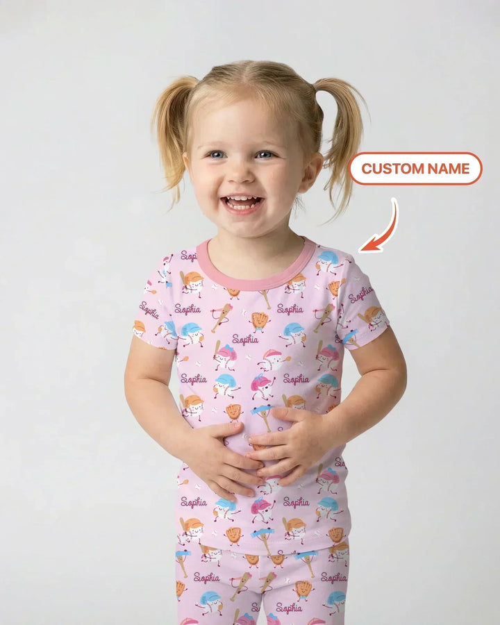 Custom Name Ballparl Family Matching Bamboo Two Piece Short Sleeve Pajama Set