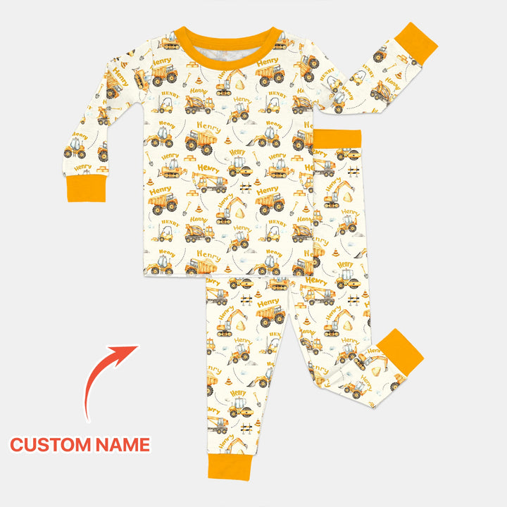 Constructions Machines Custom Name Two Piece Long Sleeve Pajama Set