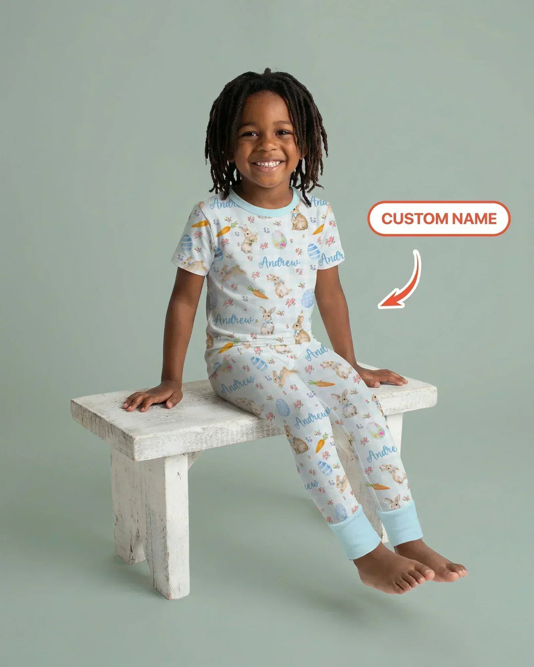 Custom Name Bunny Garden Two Piece Short Sleeve Pajama Set