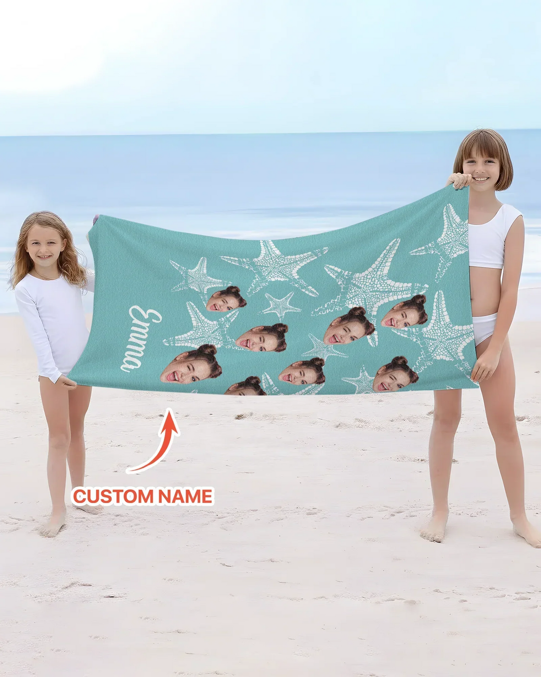 Custom Photo Starfish With Names Bamboo Beach Towel