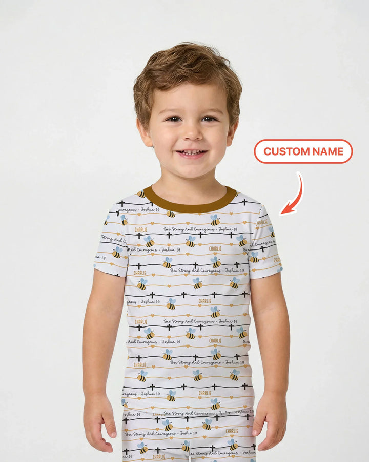 Bee Strong And Courageous Custom Name Bamboo Two Piece Short Sleeve Pajama Set