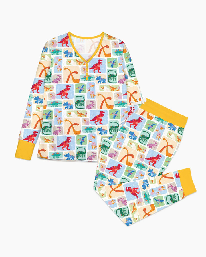 Regenbogen Dino Freunde Familien-Schlafanzug-Set aus Bambus für Damen