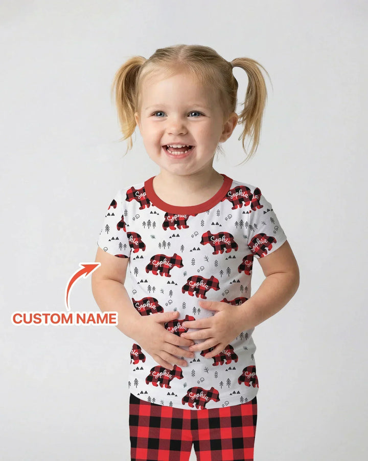 Pijama de dos piezas de bambú de manga corta a juego con osos de familia con nombre personalizado