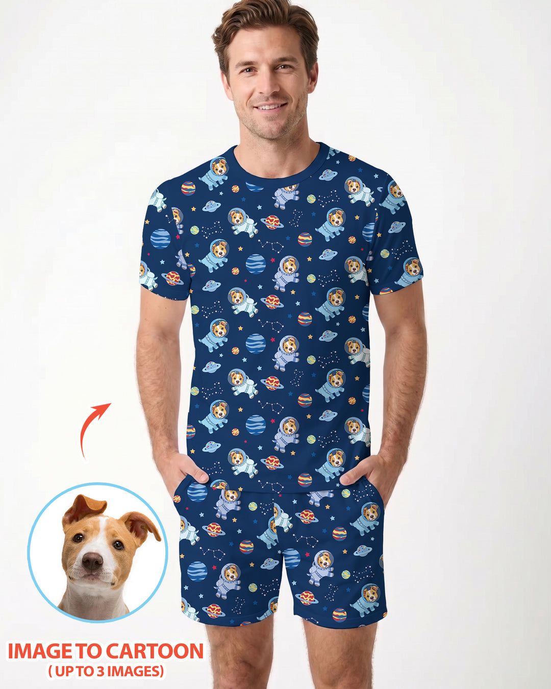 Astronaut Custom Pet Image Family Matching Bamboo Men Short Sleeve Short Pajama Set