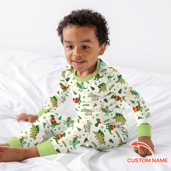 Custom Name Dinosaurs Christmas Tree Two Piece Long Sleeve Pajama Set