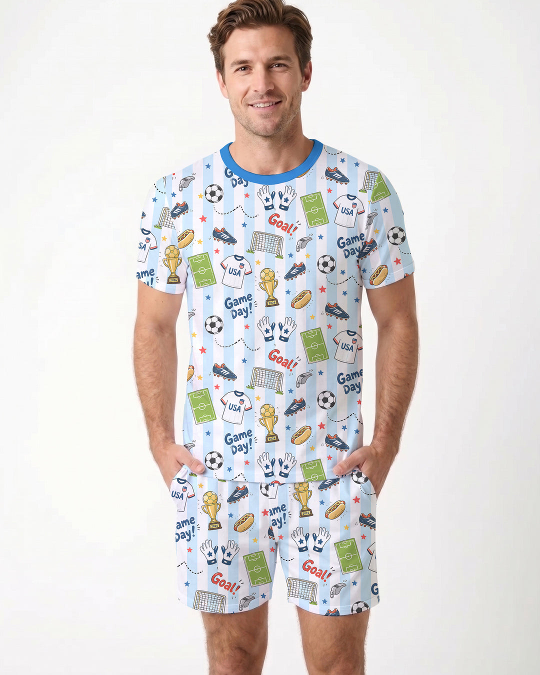 Striped Soccer Game Day Family Matching Bamboo Men Short Sleeve Short Pajama Set