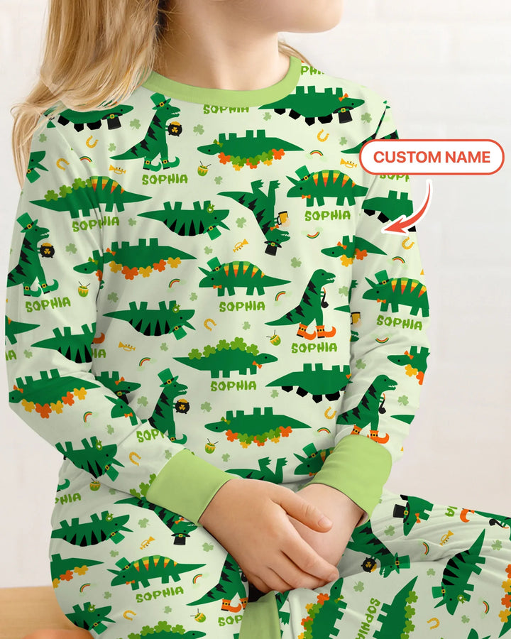 St. Patrick's Day Dinosaurs Custom Two Piece Long Sleeve Pajama Set