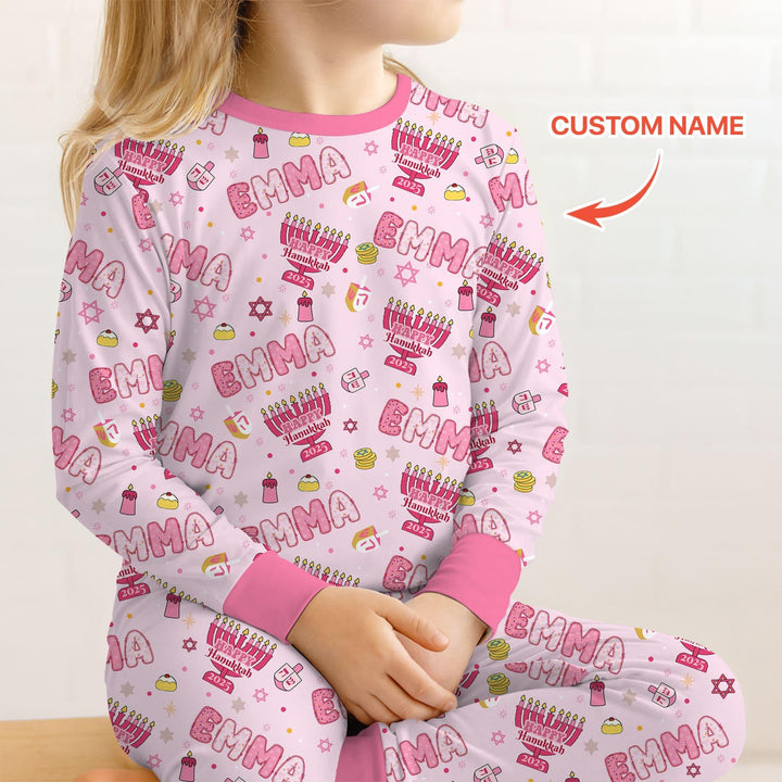 Custom name Happy Hanukkah 2025 Two Piece Long Sleeve Pajama Set