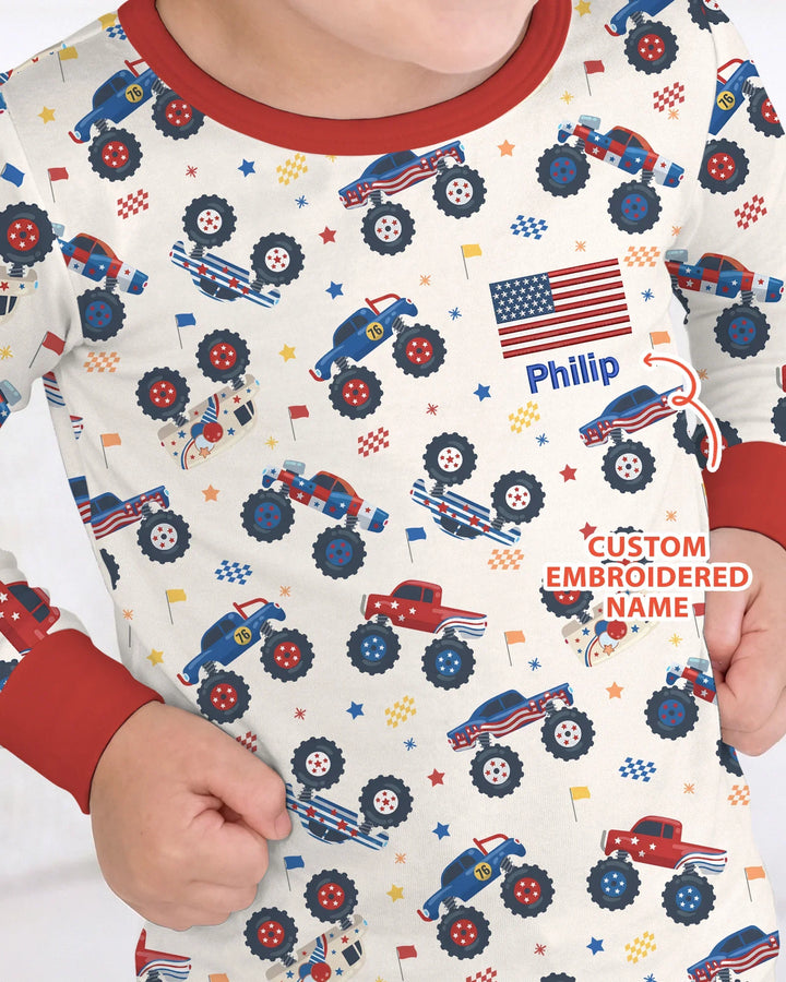 Custom Name Embroidered Red White & Truck Bamboo Two Piece Long Sleeve Pajama Set