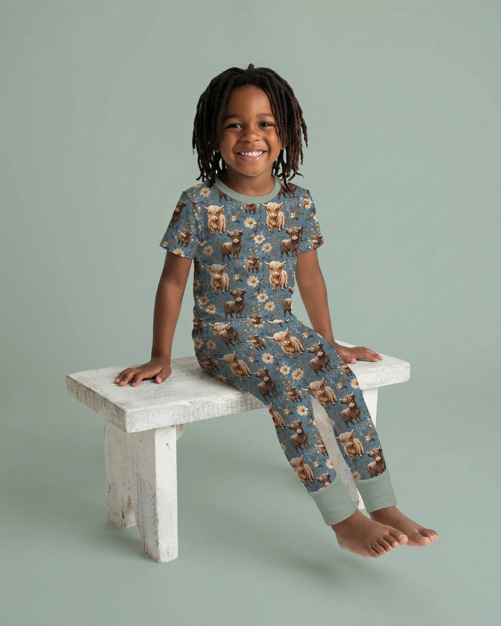 Majestic Highland Cows Family Matching Bamboo Two Piece Short Sleeve Pajama Set