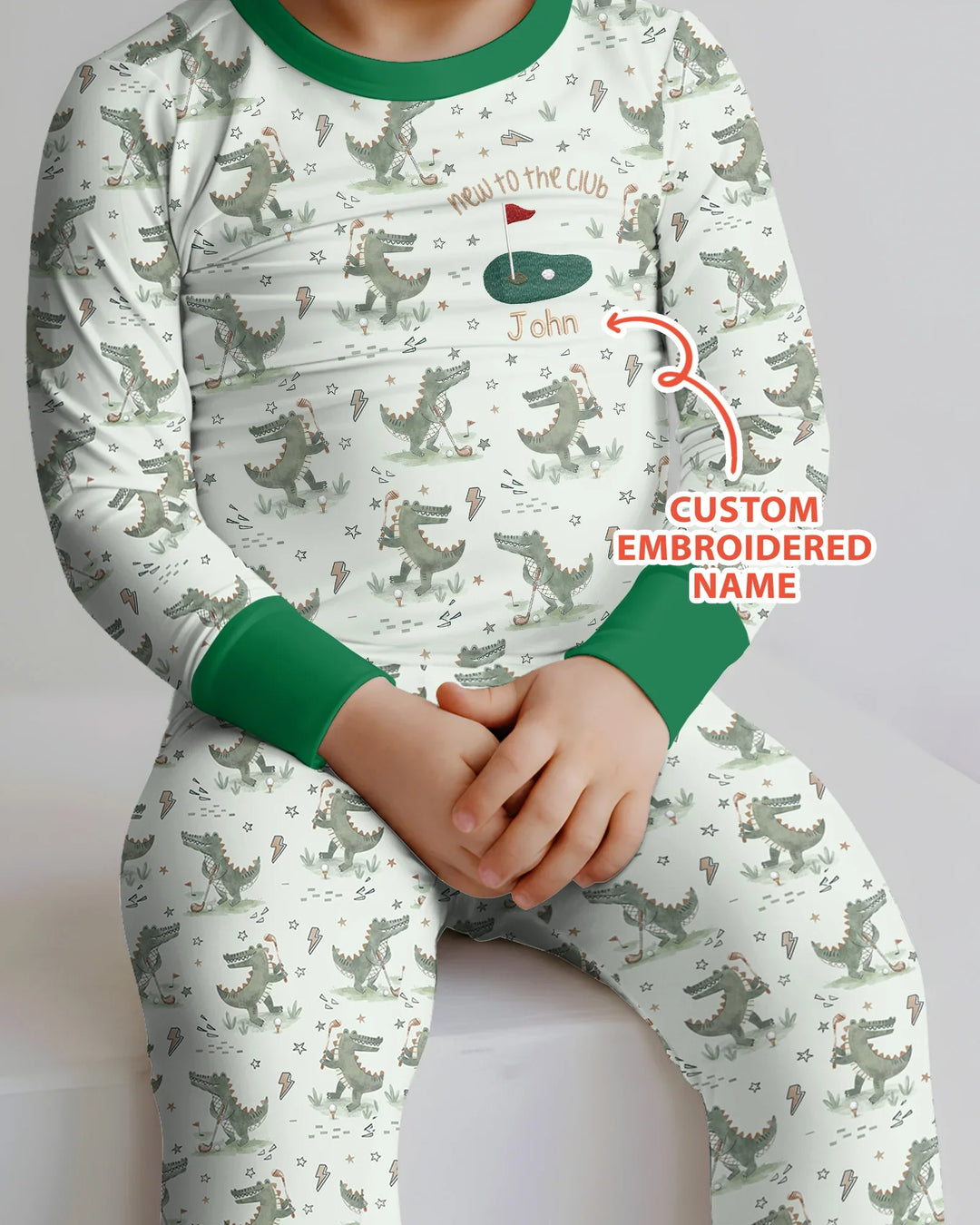 Personalized Embroidered Name Crocodile Golf Bamboo Two Piece Long Sleeve Pajama Set