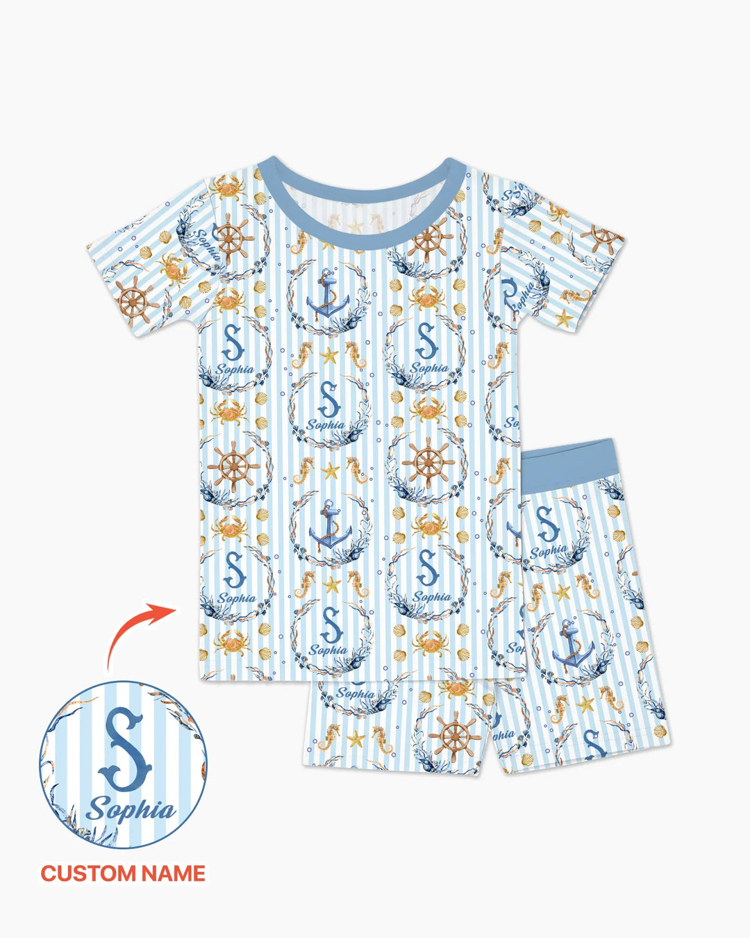 Pijama de dos piezas de bambú de manga corta y pantalón corto con nombre personalizado Bon Voyage