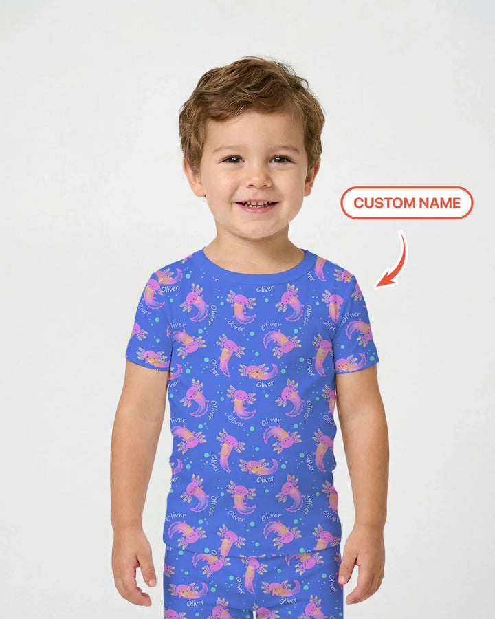 Axolotl Glow Custom Name Bamboo Two Piece Short Sleeve Pajama Set