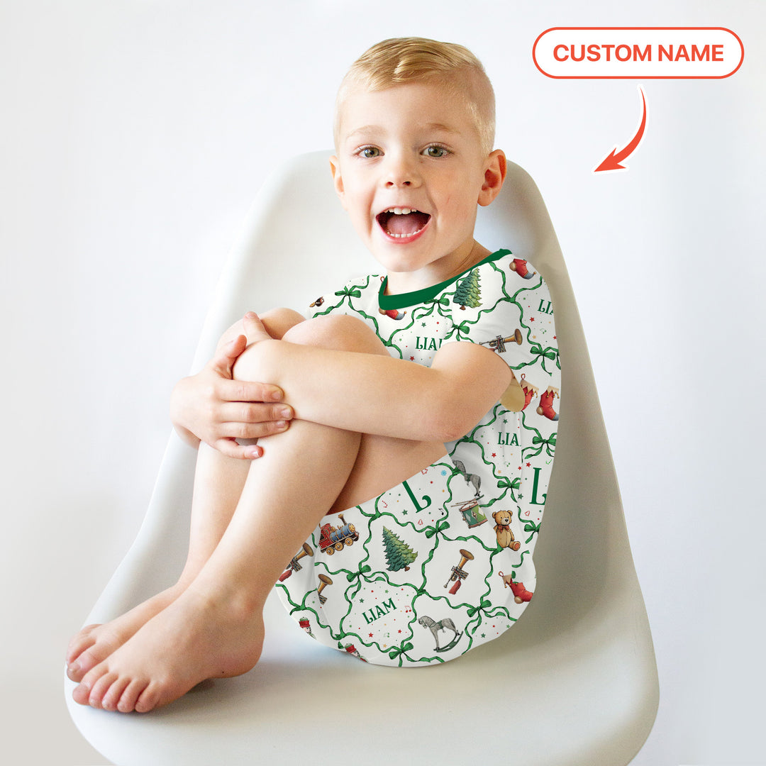 Vintage Christmas Toy Custom Name Boy Two Piece Short Sleeve Shorts Pajama Set , Vintage Christmas Toy Custom Name Boy Two Piece Short Sleeve Shorts Pajama Set - 12-18M