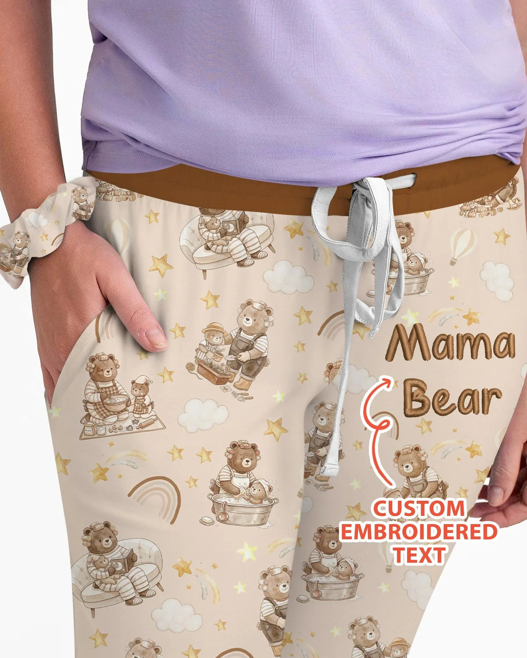 Besticktes Mama Bär und Baby Bär Pyjama-Set aus Bambus für Damen
