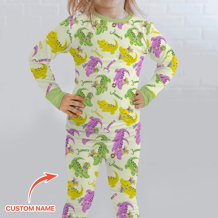 Custom Name Mardi Gras Alligator Two Piece Long Sleeve Pajama Set