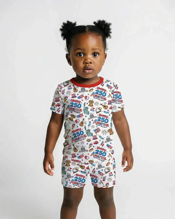 Happy 250 America I love USA Bamboo Two Piece Short Sleeve Shorts Pajama Set