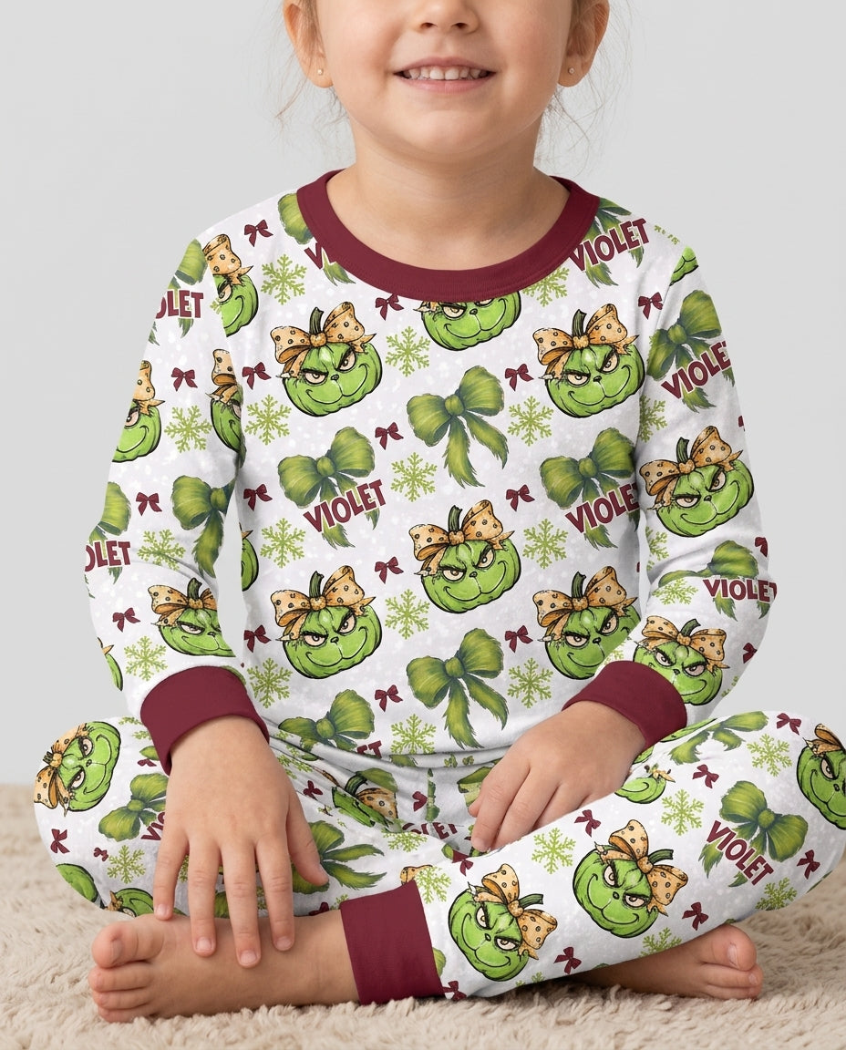 Custom Name Grumpy Green Christmas Bamboo Two Piece Long Sleeve Pajama Set