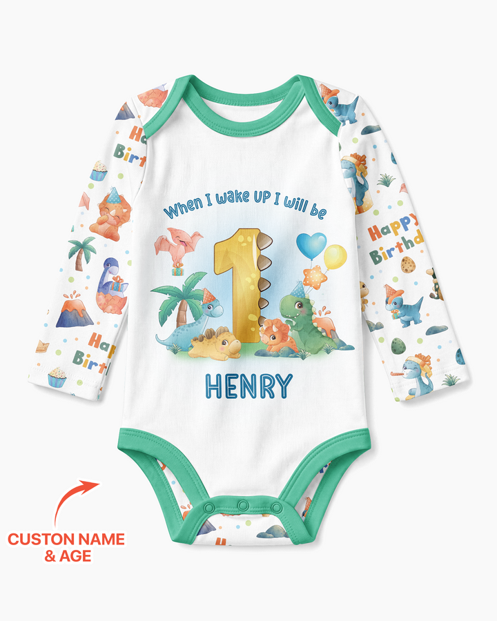 Custom Name When I Wake Up Birthday Dino Bamboo Bodysuit