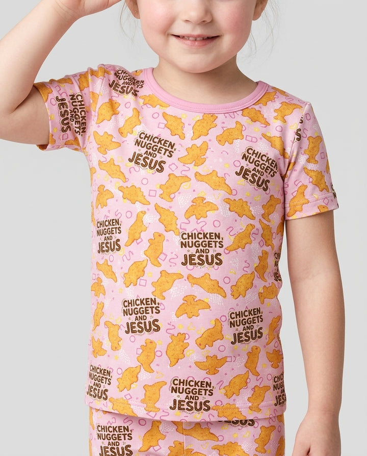 Chicken Nuggets and Jesus Family MatchingBamboo Two Piece Short Sleeve Pajama Set