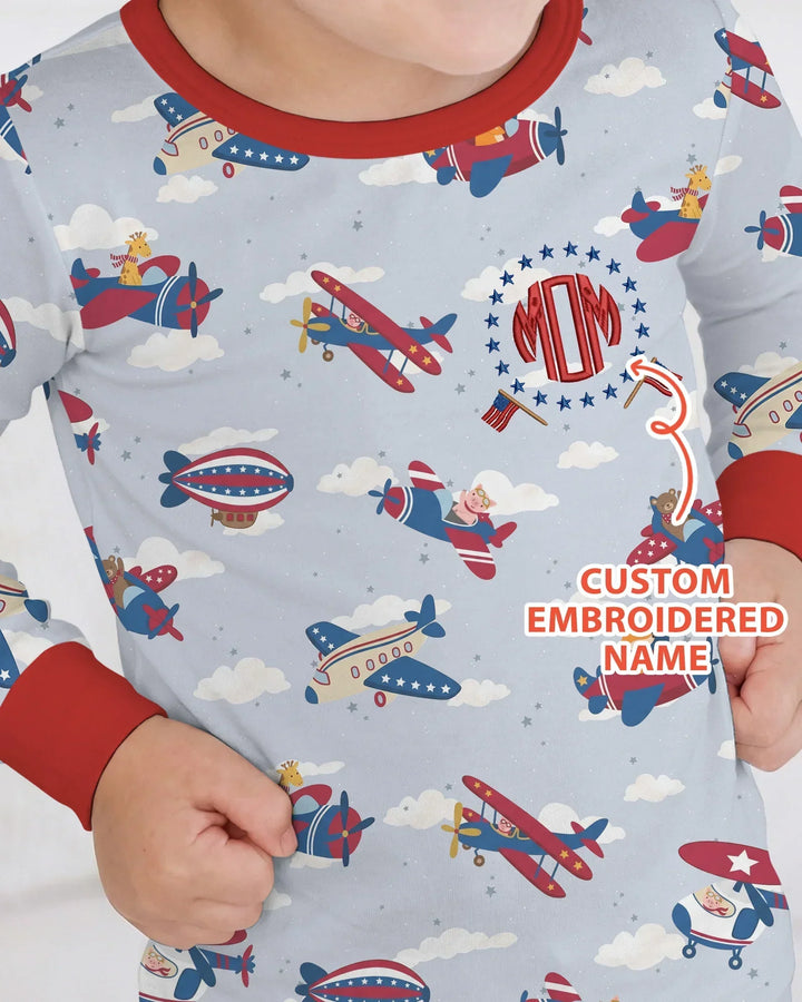 Custom Name Embroidered American Pilot  Bamboo Two Piece Long Sleeve Pajama Set