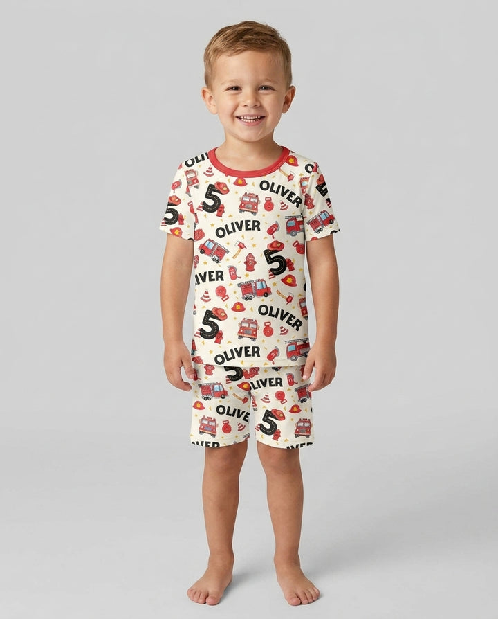 Custom Name Fire Truck Birthday Boy Bamboo Two Piece Short Sleeve Shorts Pajama Set
