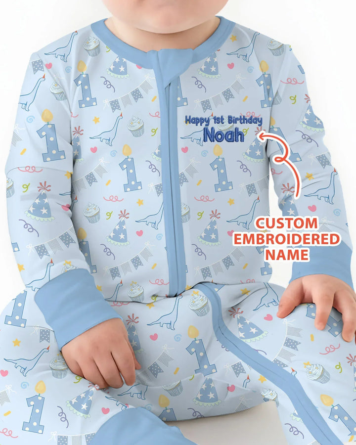 Personalized 1st Birthday Boy Embroidered Baby Bamboo Convertible Zippy