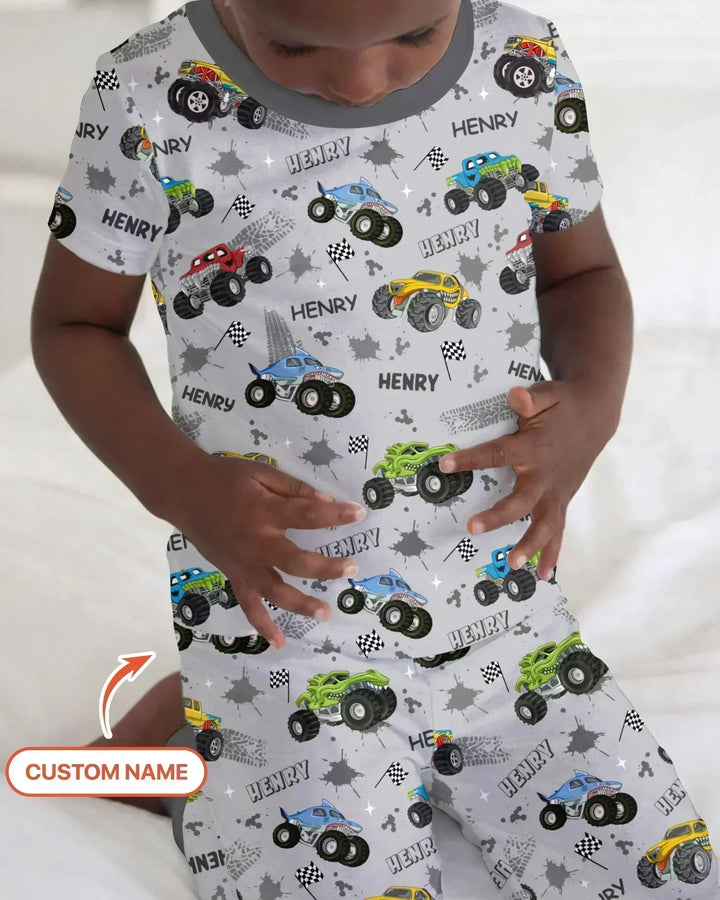 Monster Truck Dirt Jam Custom Name Daddy & Me Matching Two Piece Short Sleeve Pajama Set