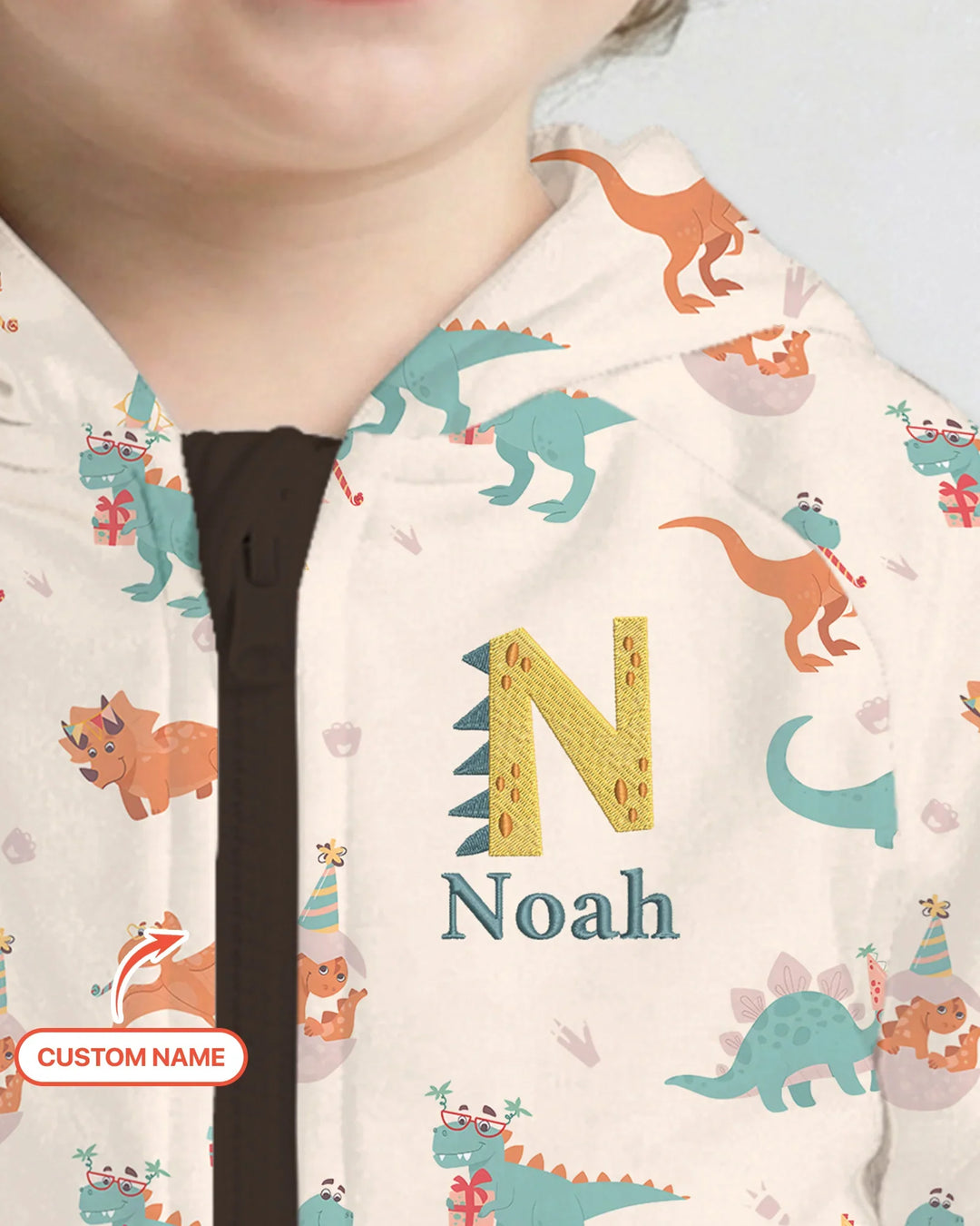 Sudadera con capucha de bambú con cremallera y nombre bordado personalizado con dinosaurios
