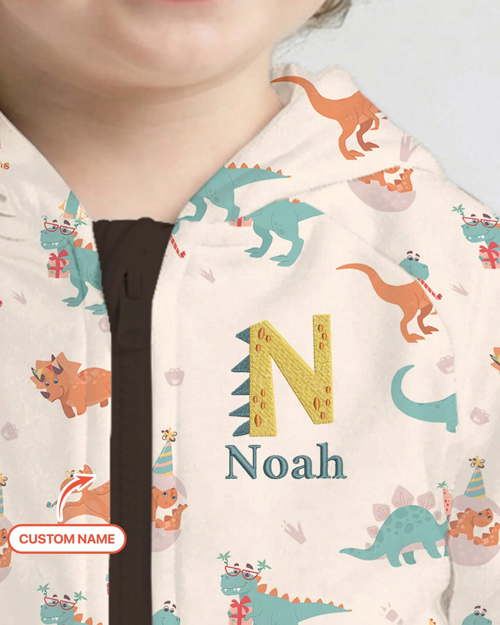 Sudadera con capucha de bambú con cremallera y nombre bordado personalizado con dinosaurios