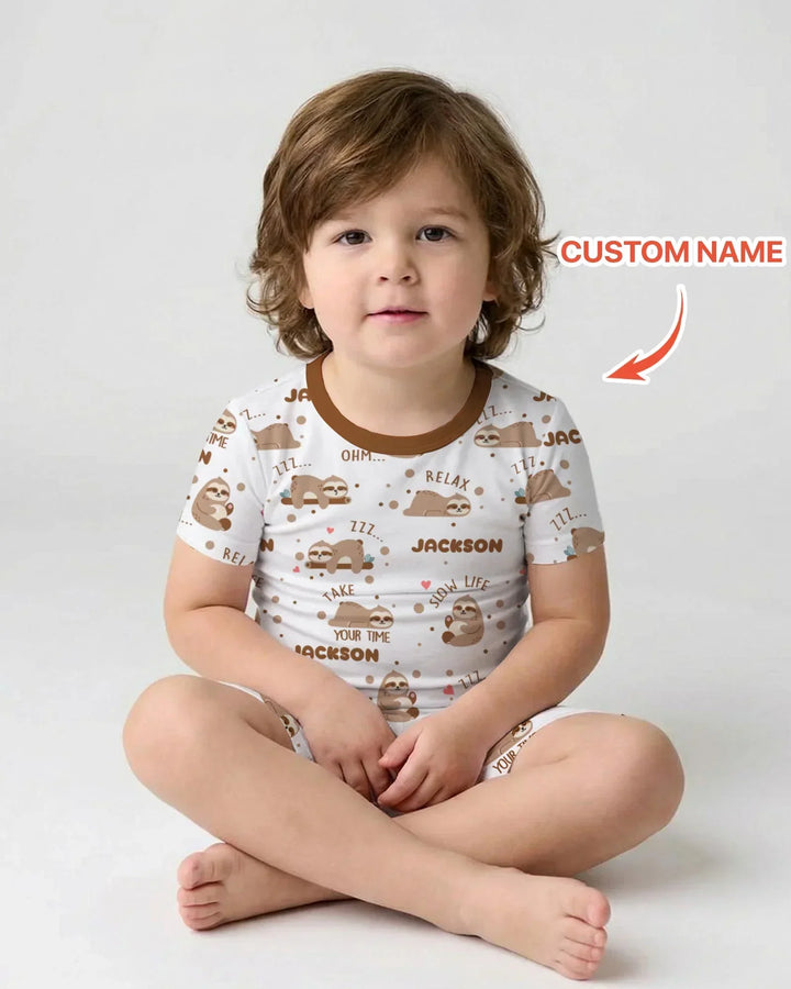 Custom Name Cute Sloth Two Piece Short Sleeve Shorts Pajama Set