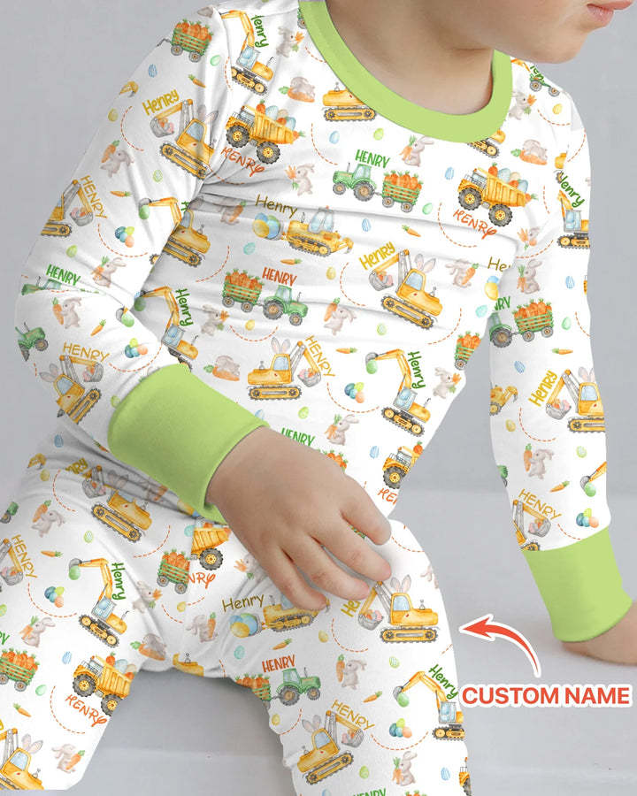 Easter Construction Vehicles Custom Name Two Piece Long Sleeve Pajama Set