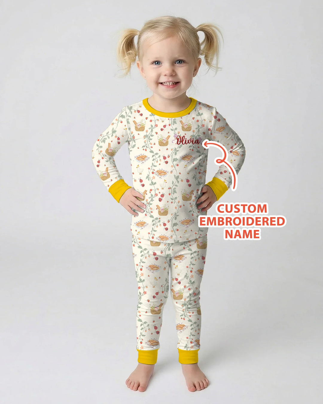 Custom Name Embroidered Picnic Time Bamboo Two Piece Long Sleeve Pajama Set