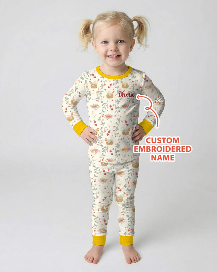 Custom Name Embroidered Picnic Time Bamboo Two Piece Long Sleeve Pajama Set
