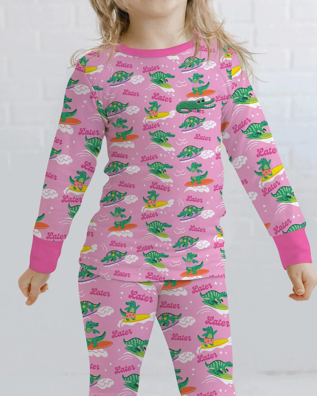 Conjunto de pijama de dos piezas de bambú de manga larga con cocodrilo bordado para verano
