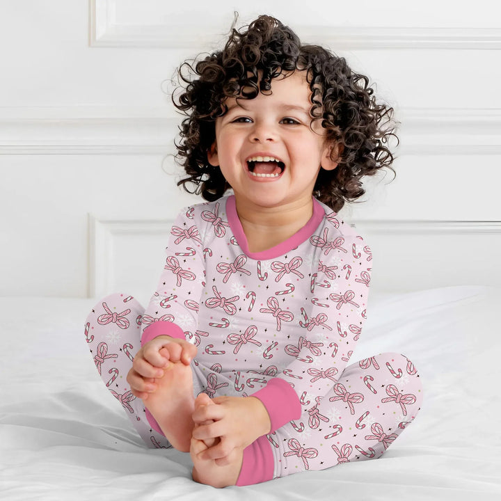 Pink Candy Bows Two Piece Long Sleeve Pajama Set